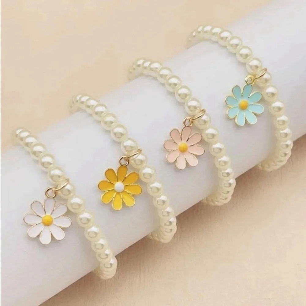 ⚠️Clearance 4pcs Faux Pearl Beaded Flower Charm Bracelets SS
